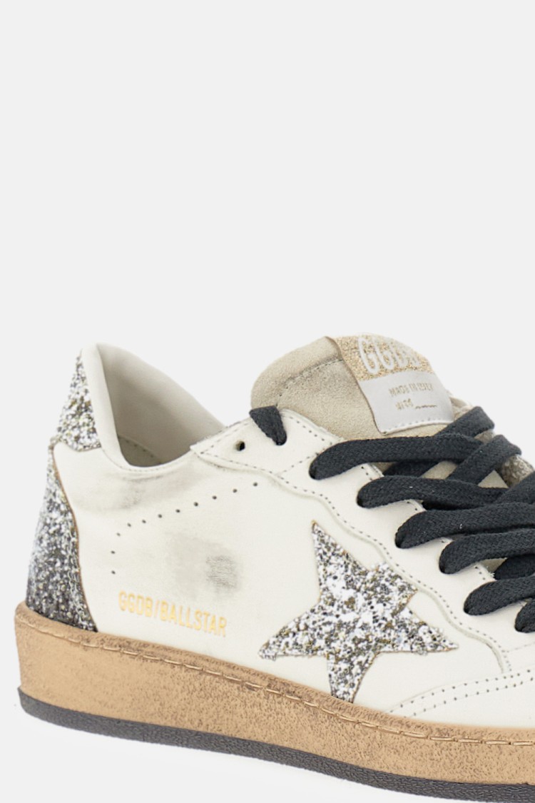 Golden Goose Ballstar White Low Top Sneakers With Glittered Star Patch On The Side And Glittered Heel With Logo L In Neutral