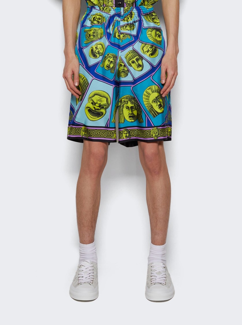 Versace Le Maschere Print Silk Shorts In Multicolor
