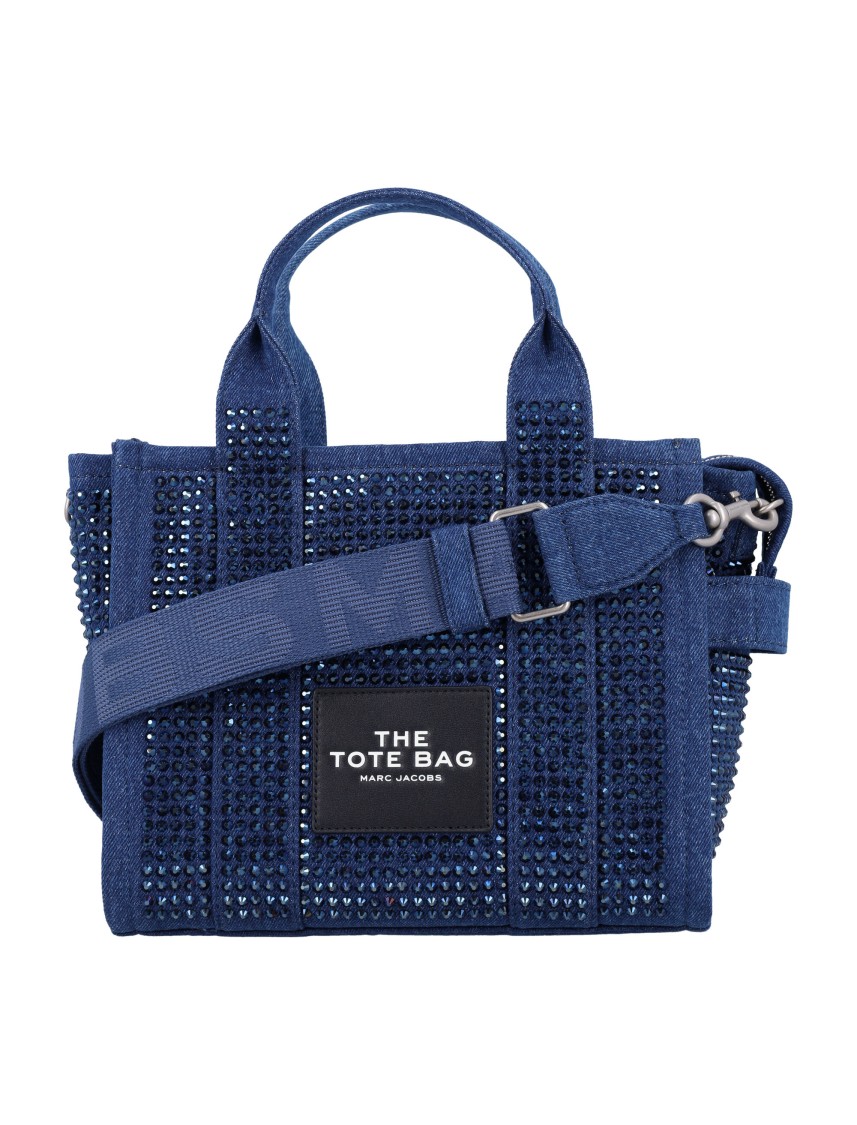 Shop Marc Jacobs Crystal-embellished Denim Small Tote Bag In Blue
