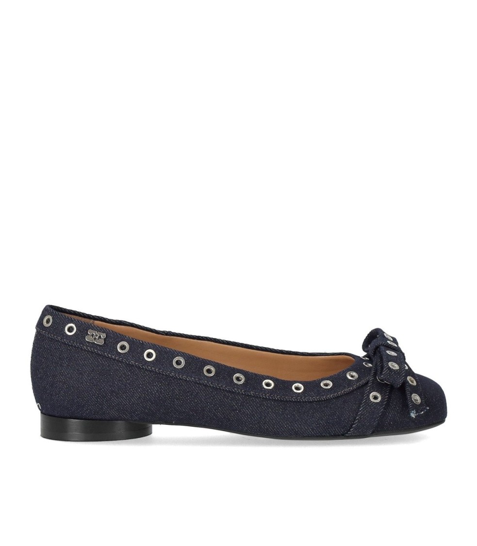 Shop Ganni Blue Denim Ballet Flat Shoe With Bows