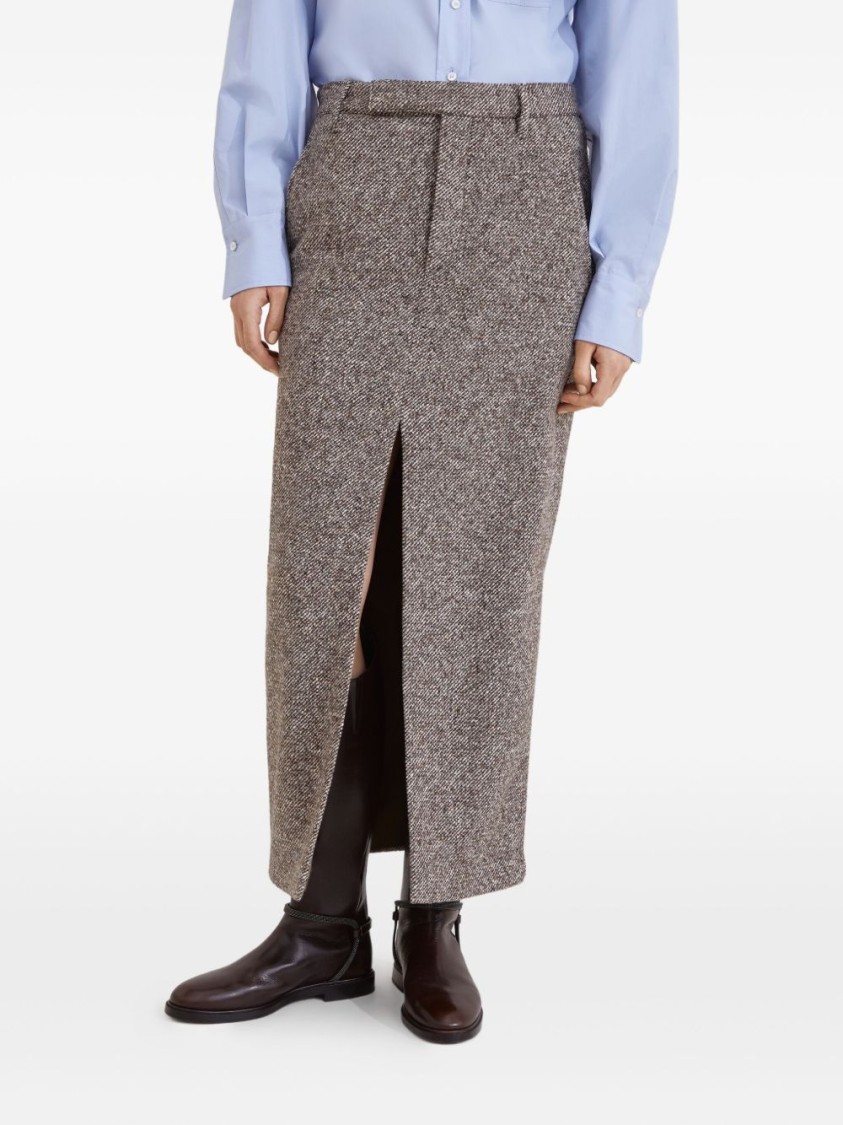 Brunello Cucinelli High-waisted Houndstooth Midi Skirt In Brown