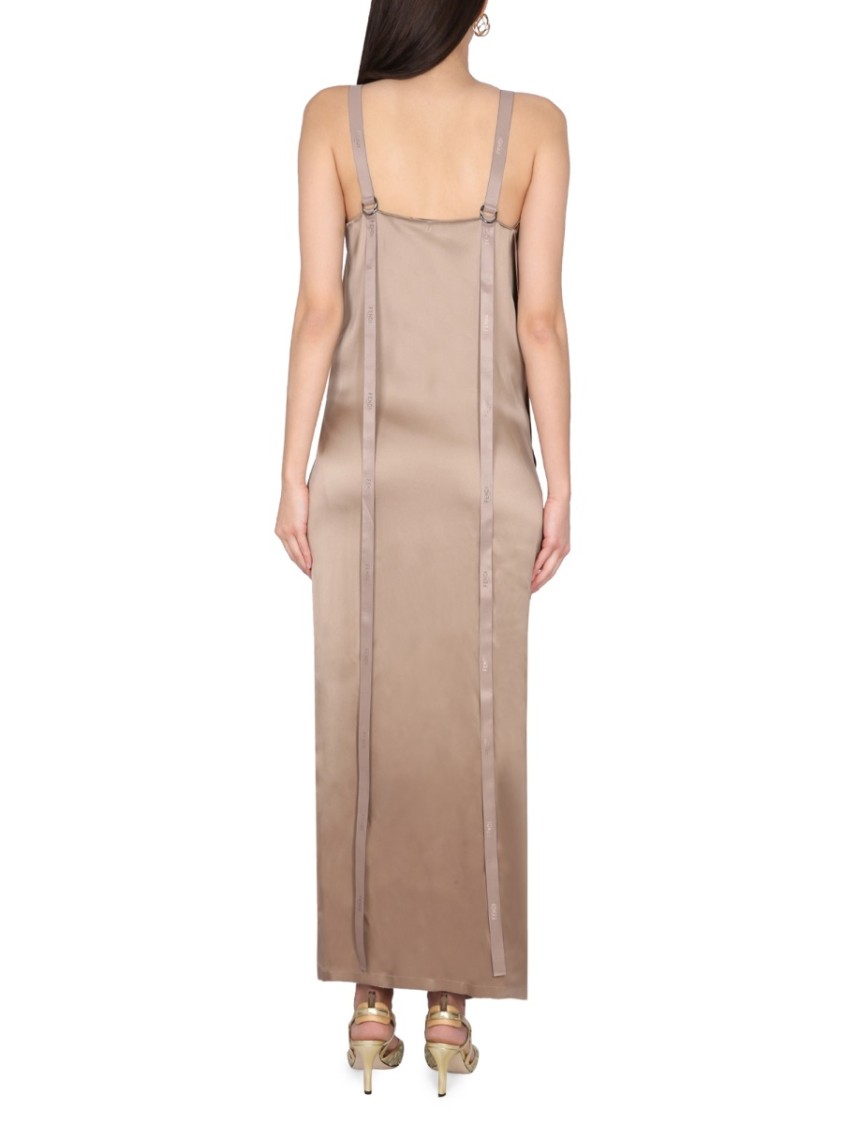 Fendi Square Neck Satin Maxi Dress In Neutrals