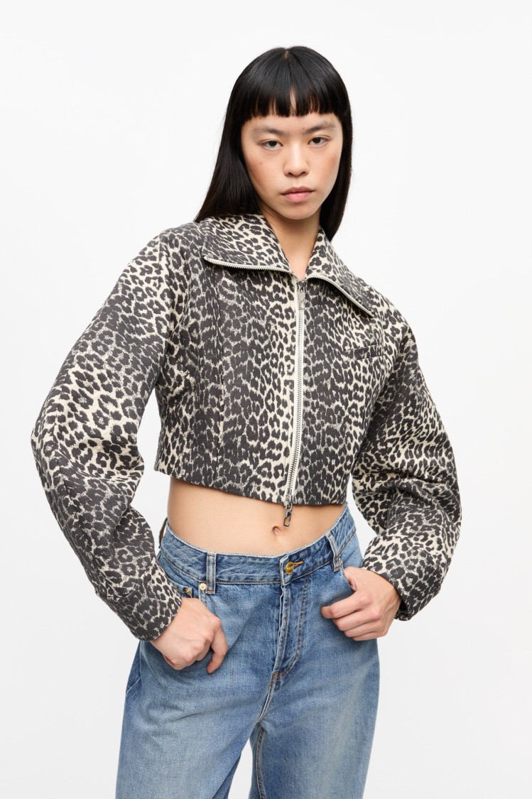 Ganni Leopard Print Cropped Jacket With Curved Sleeves In Animal Print