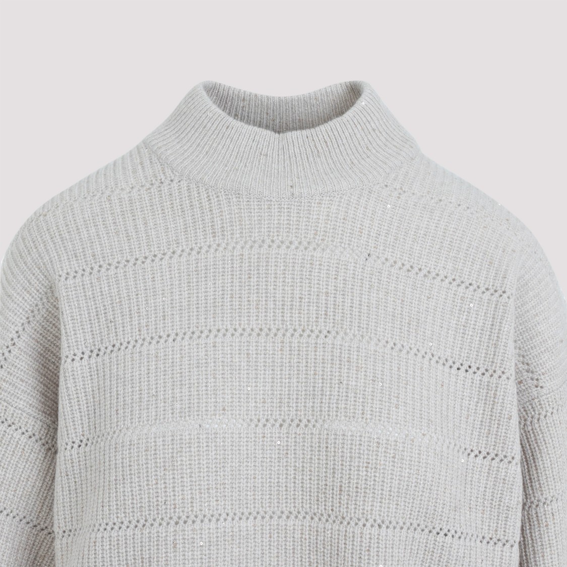 Brunello Cucinelli Beige Cashmere Mock Neck Lana Cashmire Stripe Pullover