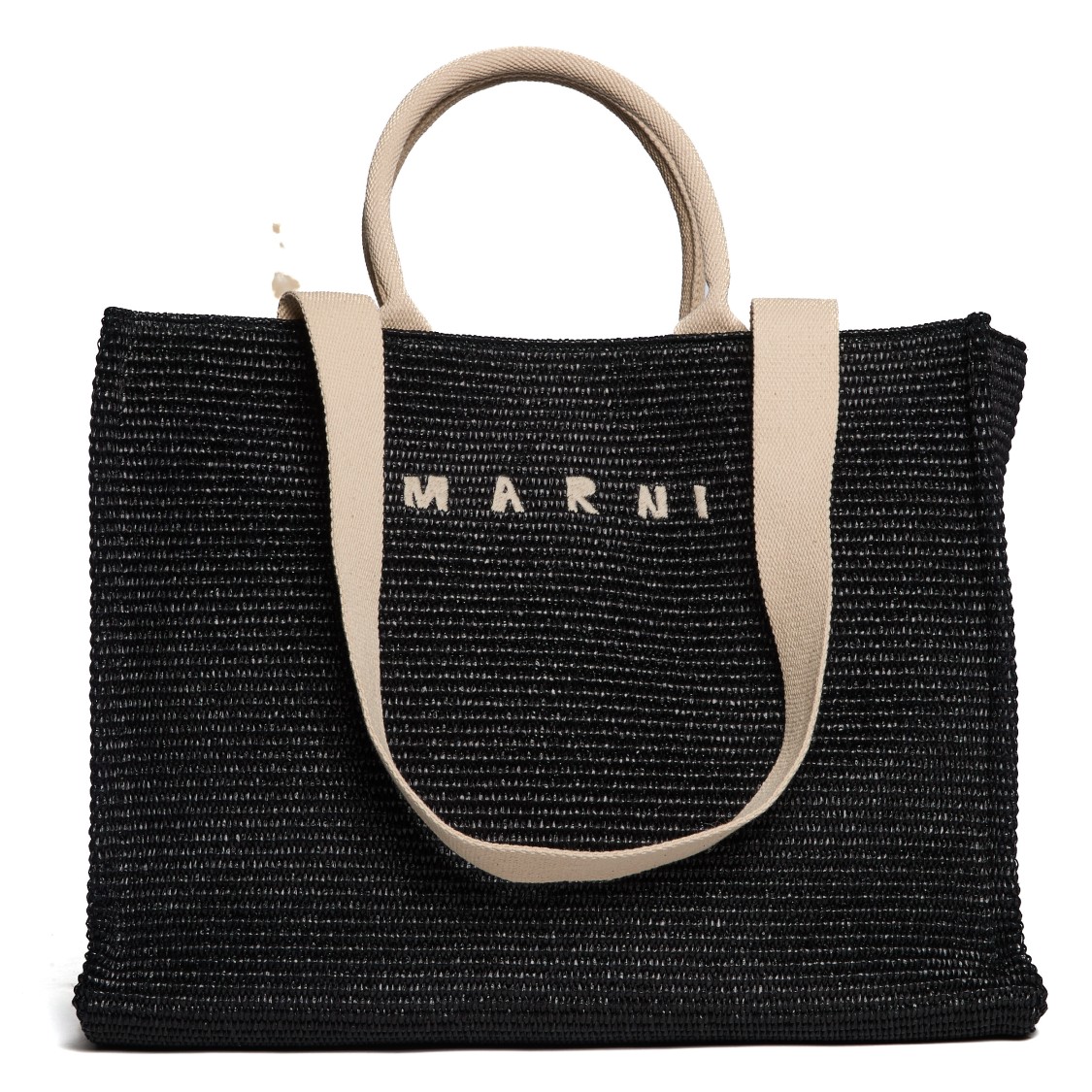 Marni Natural Raffia Effect Fabric Large Tote Bag In Black
