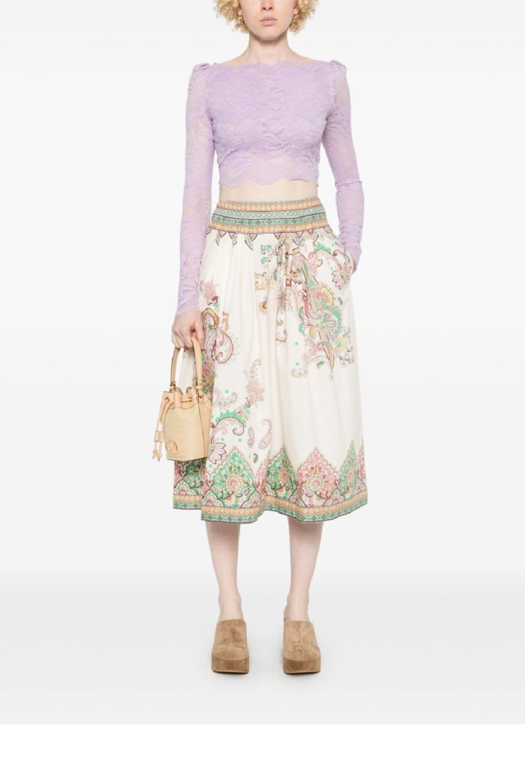 Etro Womens Print On White Base Floral-print High-rise Cotton Midi Skirt In Neutral