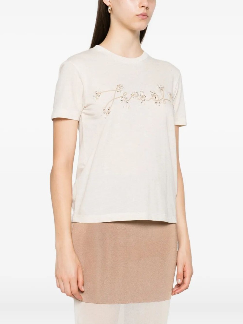 Fendi Beige Cotton And Linen T-shirt With Logo In Neutral