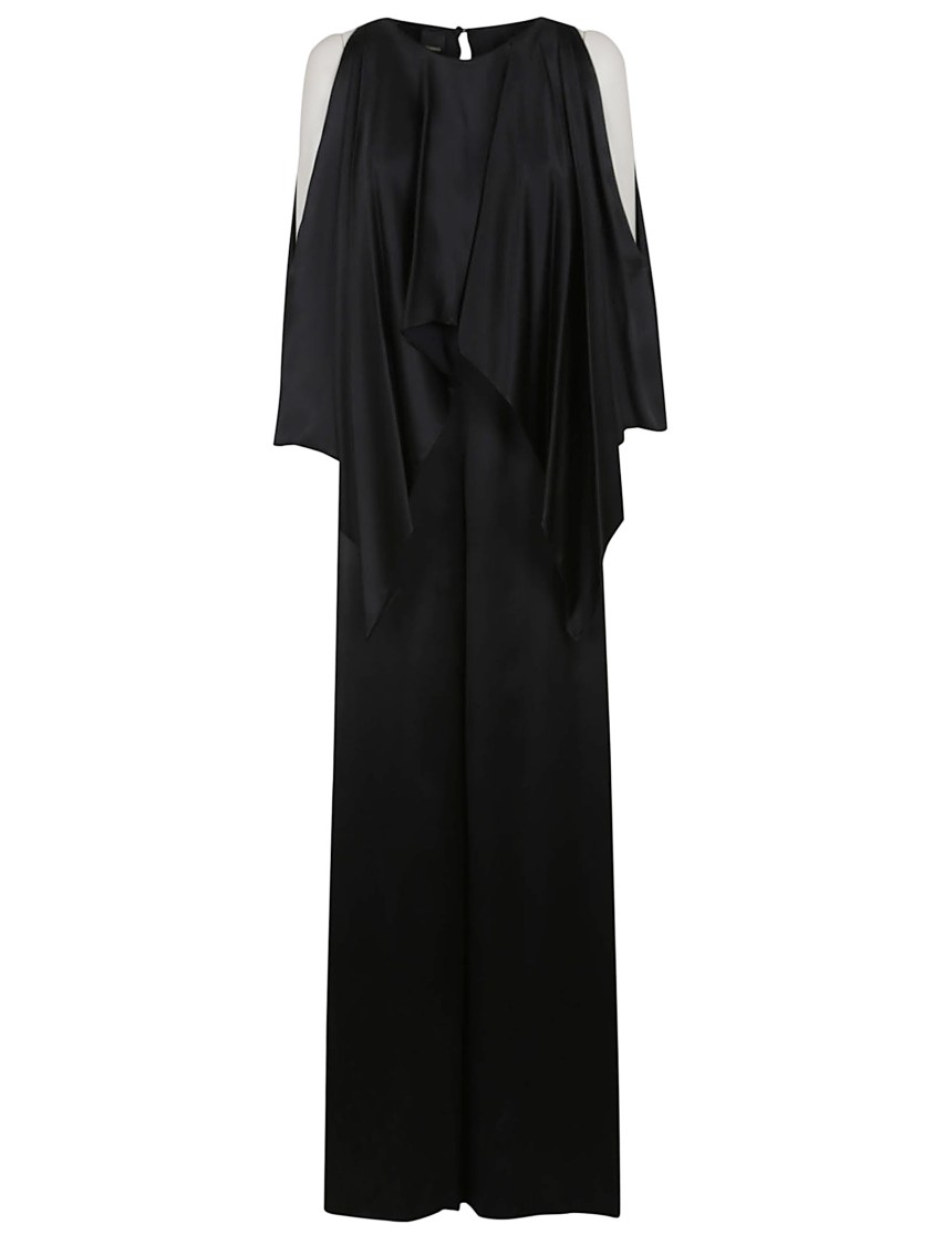 Pinko Flowing Black Viscose Evening Dress With Draped Overlay