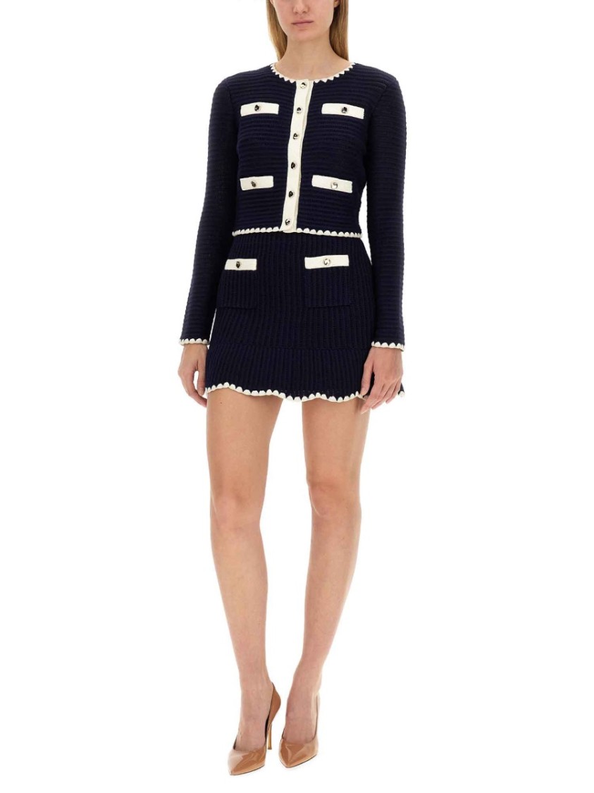 Self-portrait Crochet Knitted Cardigan With Contrasting Profiles In Blue