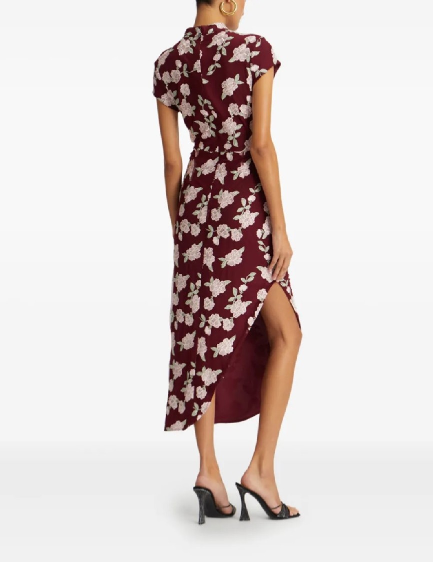Rotate Birger Christensen Rotate Asymmetric Red Dress With Floral Embroidery And Short Sleeves In Brown