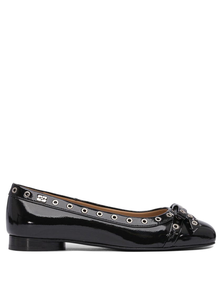 Ganni Eyelet Bow Ballet Flats In Black