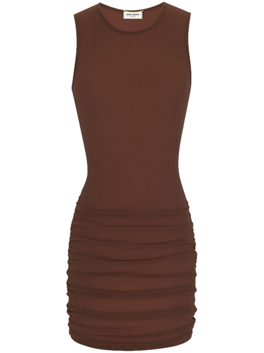 Saint Laurent Gathered Side Dress In Rich Brown Polyamide In Black