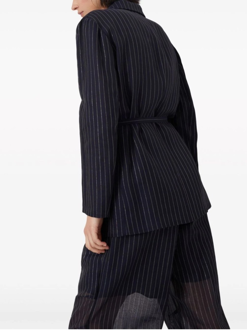 Brunello Cucinelli Double-breasted Jacket With Pinstripe Detail And Belted Waist In Black