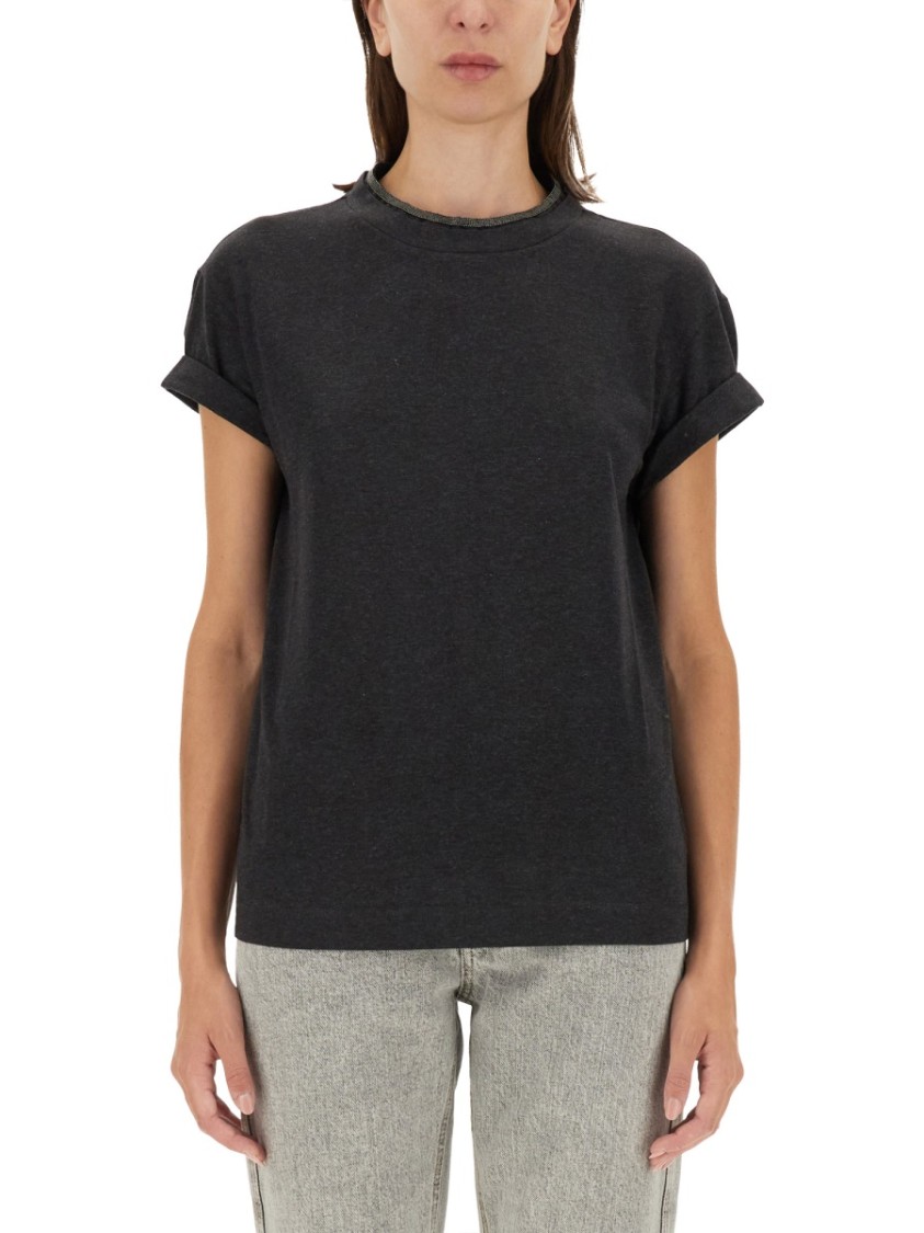 Brunello Cucinelli Classic Black Jersey T-shirt With Subtle Keyhole Detail In Black