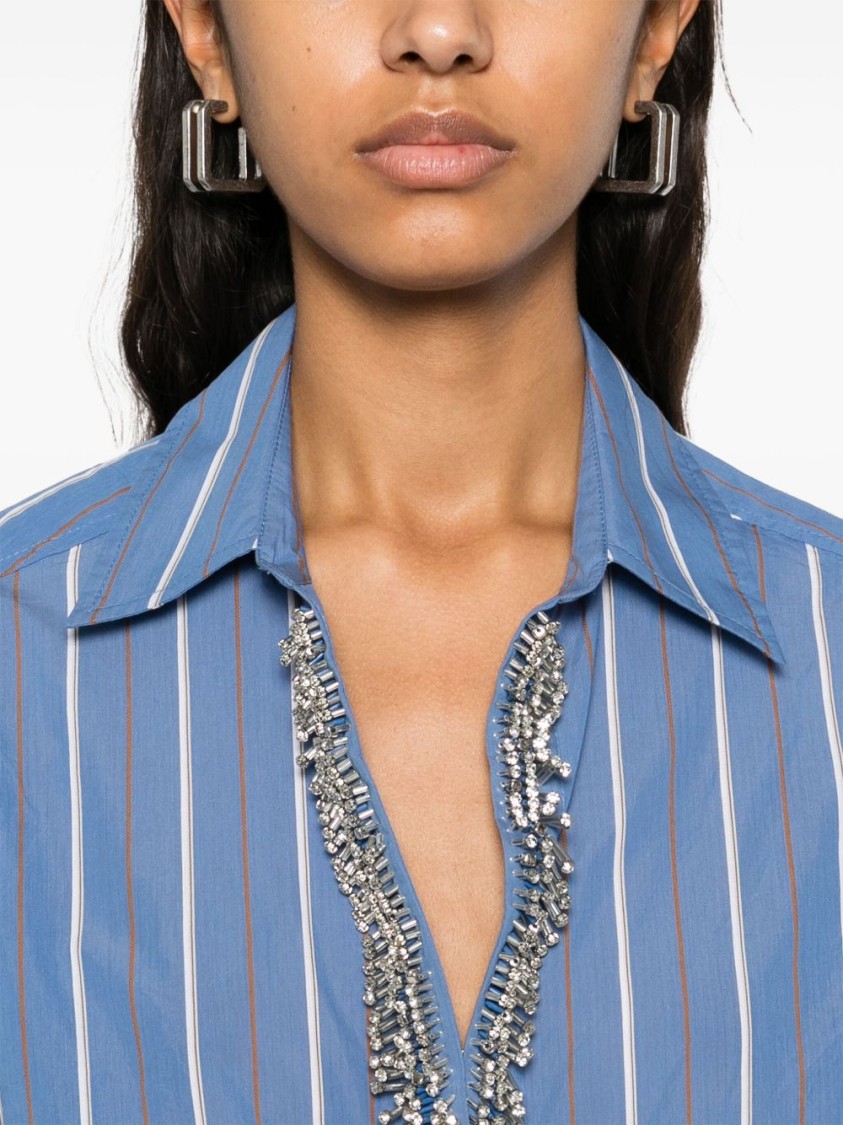 Shop Pinko Blue And White Striped Shirt With Embellished Neckline
