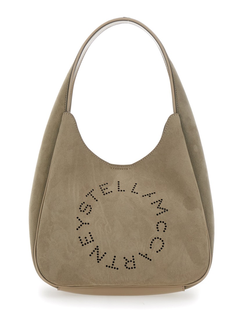 Stella Mccartney Large Studded Logo Suede Hobo Bag In Neutral