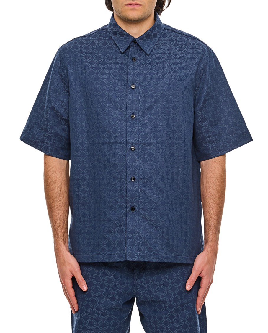 Givenchy Mens Monogram-print Relaxed-fit Cotton-blend Shirt Grey Blue In Blue