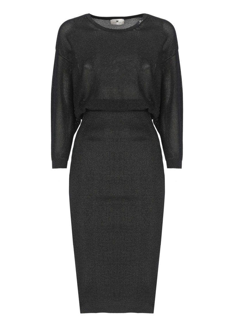 ELISABETTA FRANCHI ELISABETTA FRANCHI BLACK VISCOSE MIDI DRESS WITH PERFORATED DETAILING