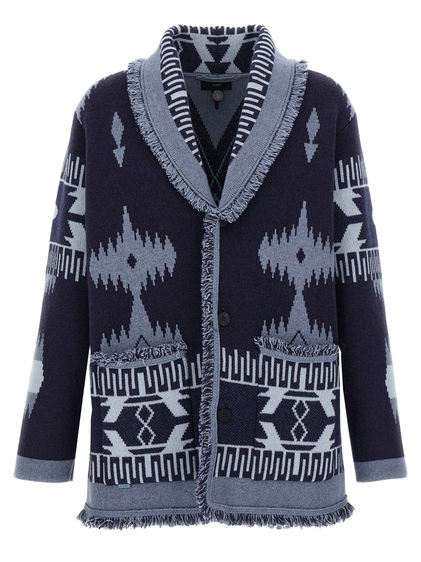 Alanui 'geometric Shawl Collar Cardigan With Fringed Edges' In Blue