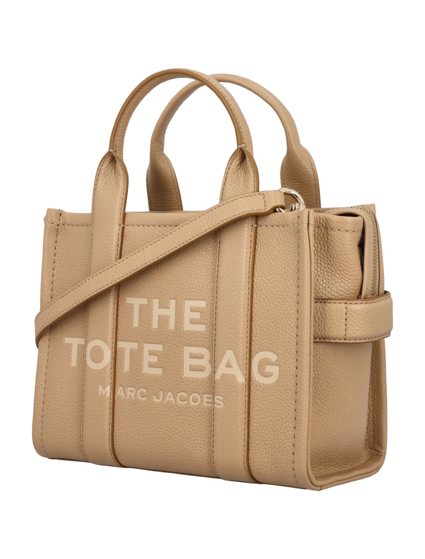 Marc Jacobs 'the Mini Tote' Beige Tote Bag With Logo Lettering On The Front In Grained Leather Woman In Brown