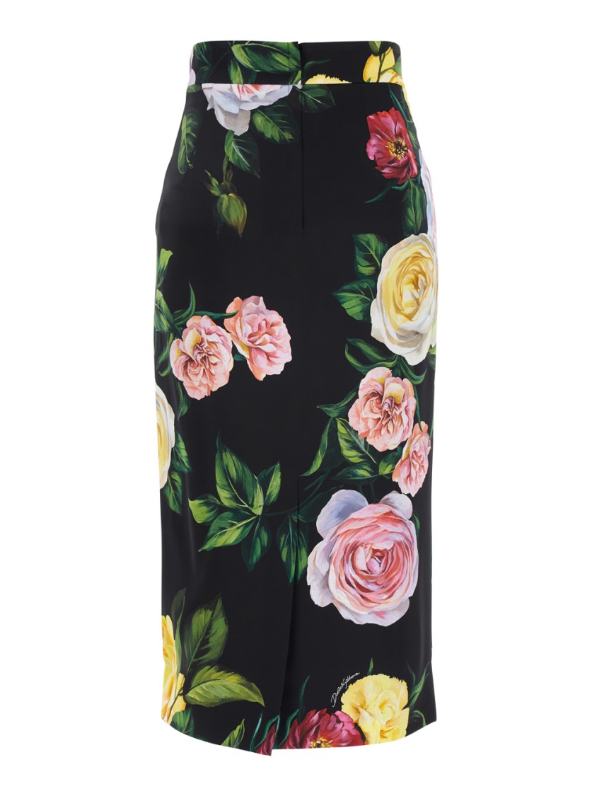Shop Dolce & Gabbana All-over Floral Print Silk Black Midi Skirt In Multicolor