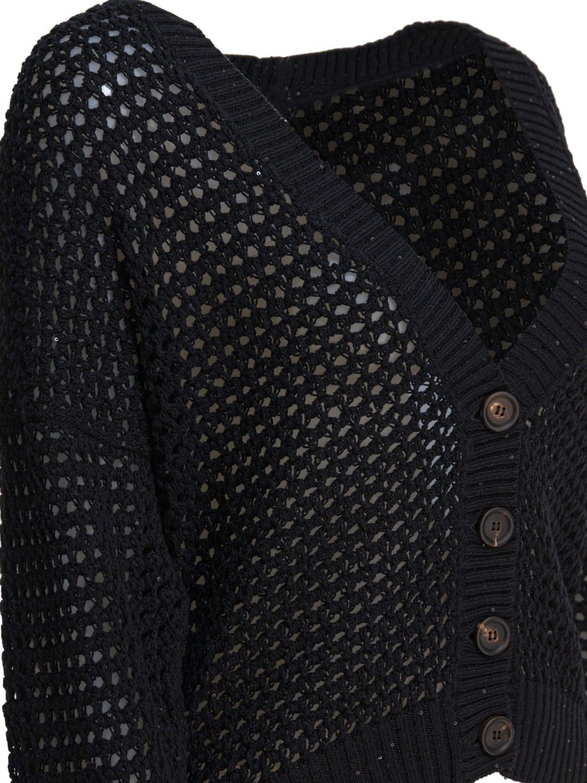 Brunello Cucinelli Open-weave Black Knitwear Cardigan With V-neckline In Black