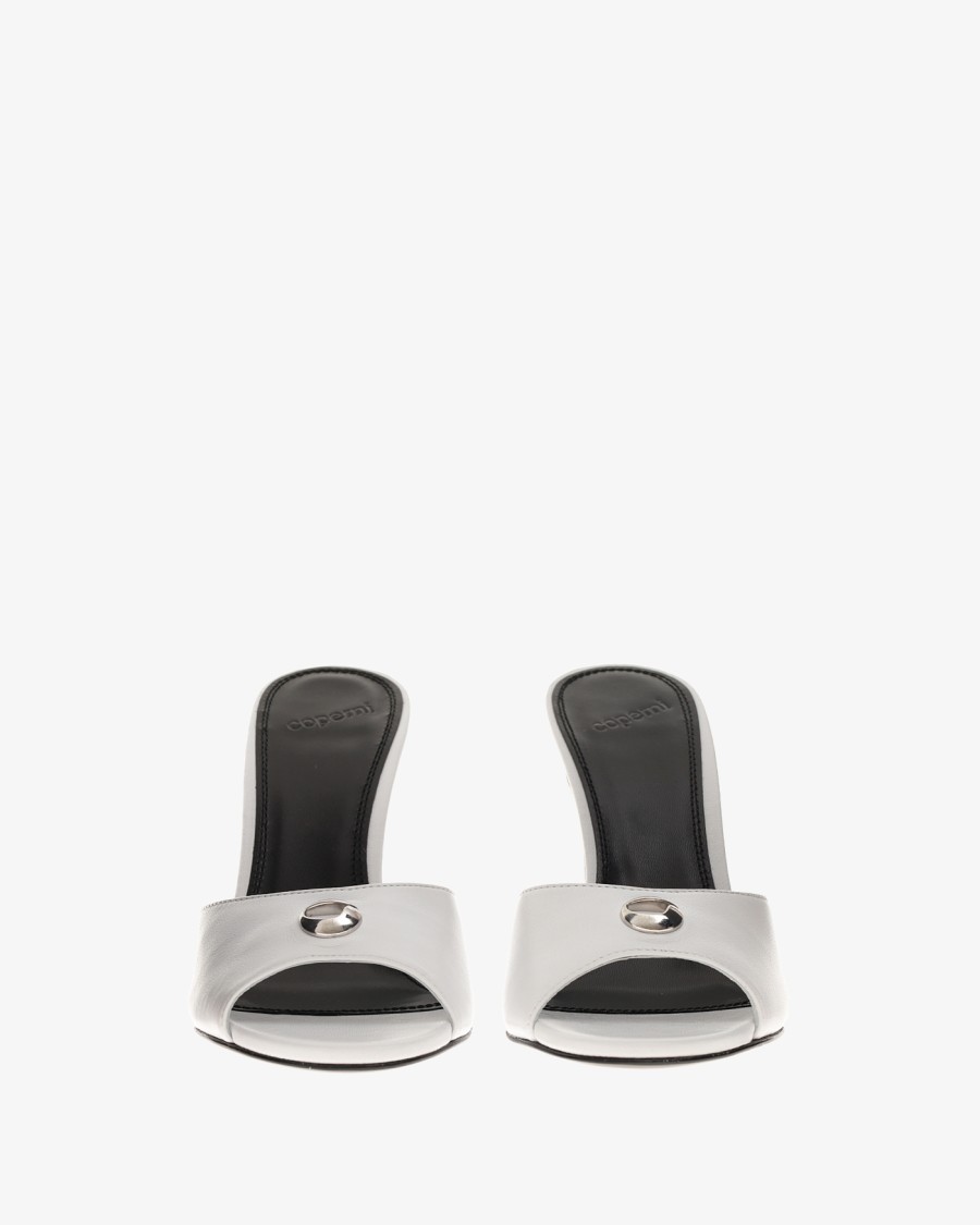 Coperni 95mm Open-toe Mules With Silver-tone Logo Plaque In White