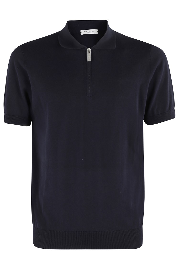 Shop Paolo Pecora Short Sleeve Polo Shirt With Zip Collar In Blue