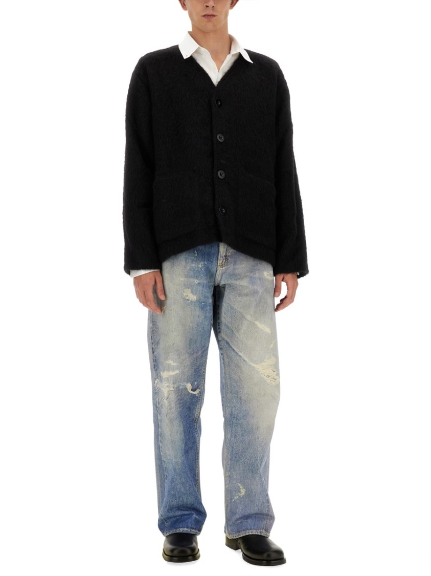 Our Legacy Textured V-neck Cardigan With Button-down Front In Black