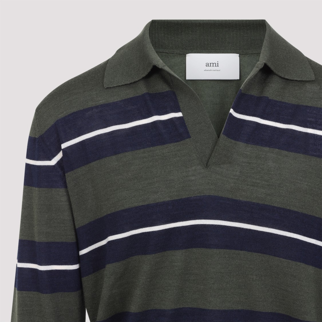 Ami Alexandre Mattiussi Ami Paris Green Polo With All-over Striped Motif And Polo-style Collar In Wool And Silk Blend Man In Black