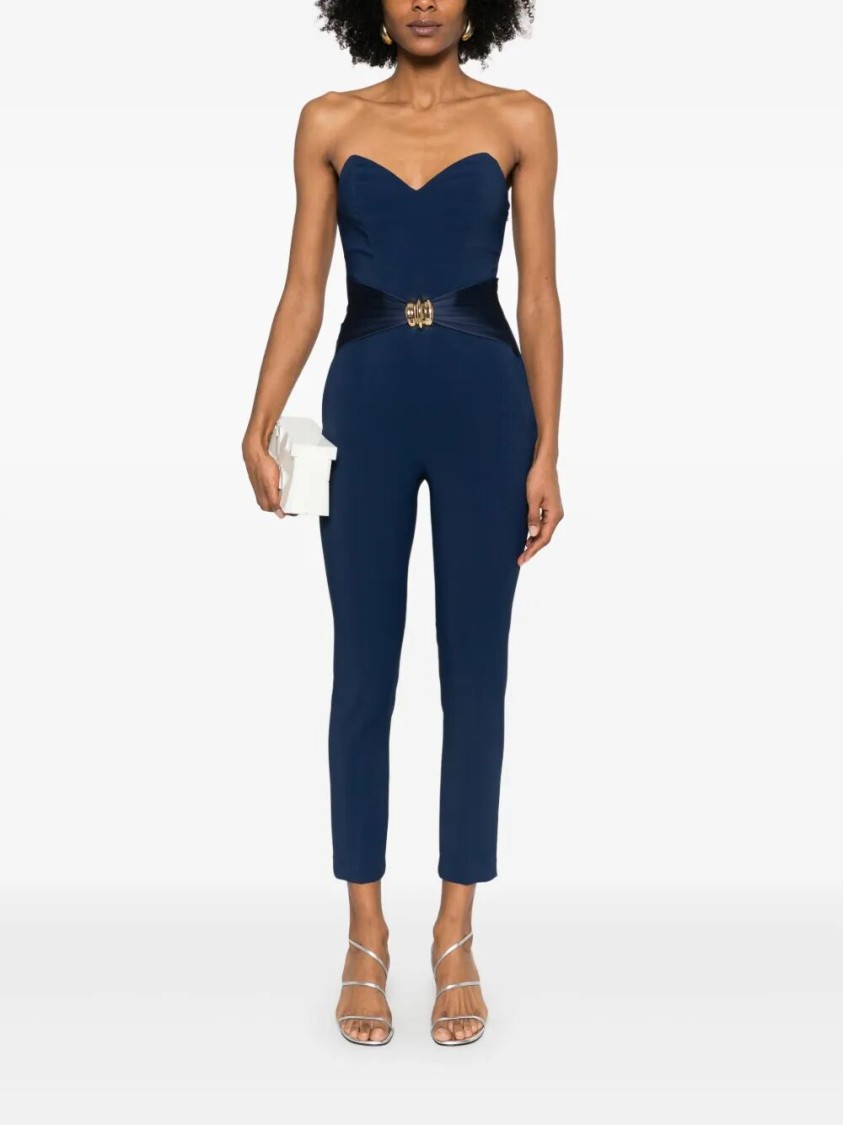 Elisabetta Franchi Flowing Crepe Jumpsuit With Macro Blue Bow In Blue