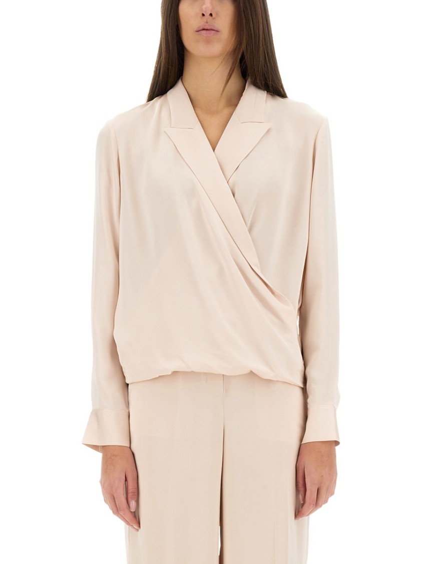Theory Lapel Wrap Blush Blouse With V-neck In Pink
