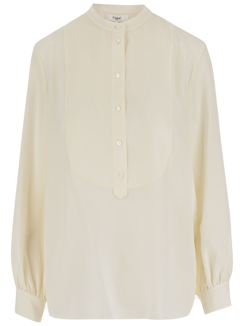 Chloé Silk Shirt With Mandarin Collar In Neutral