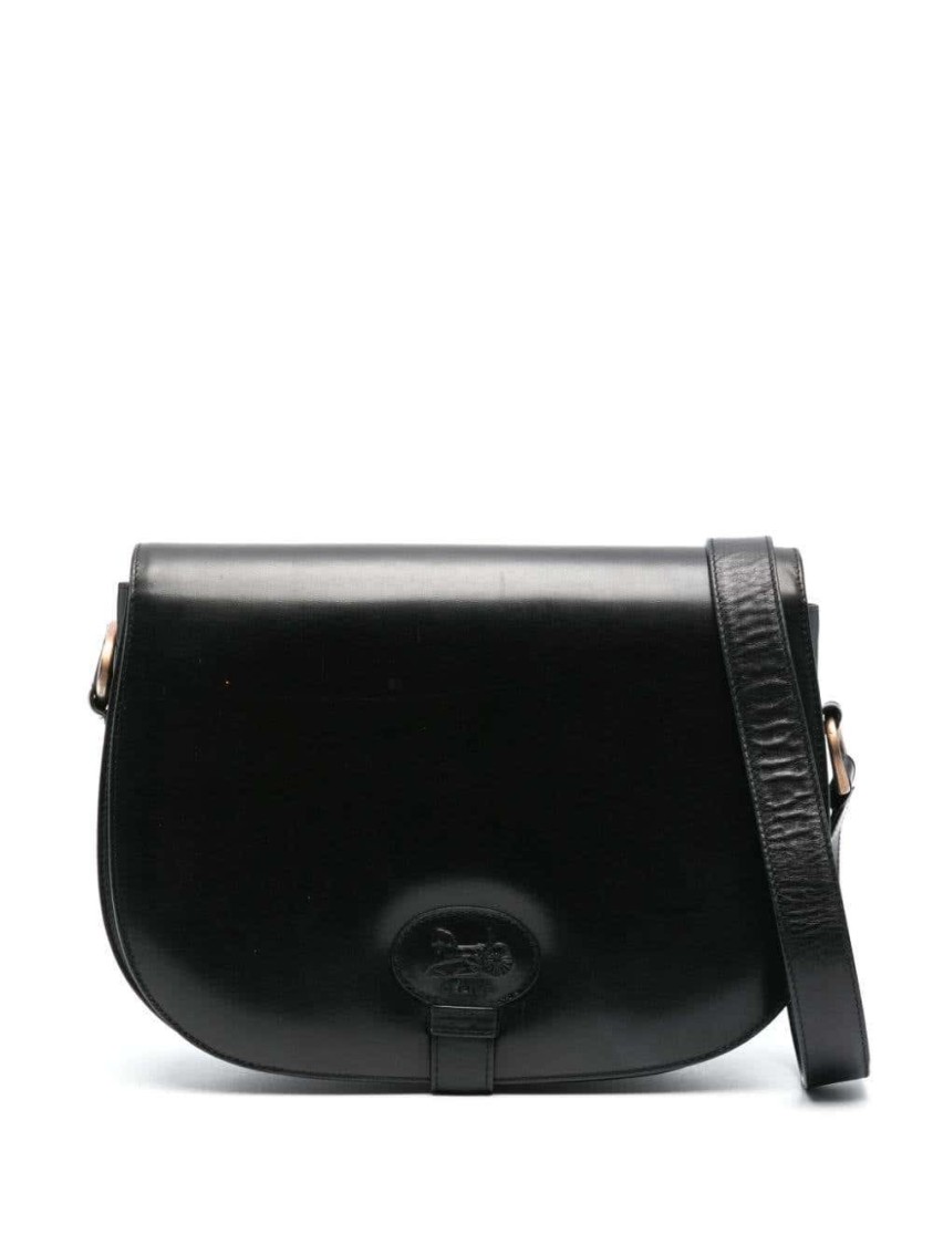 CELINE CELINE BLACK LEATHER CARRIAGE LOGO FLAP SHOULDER BAG