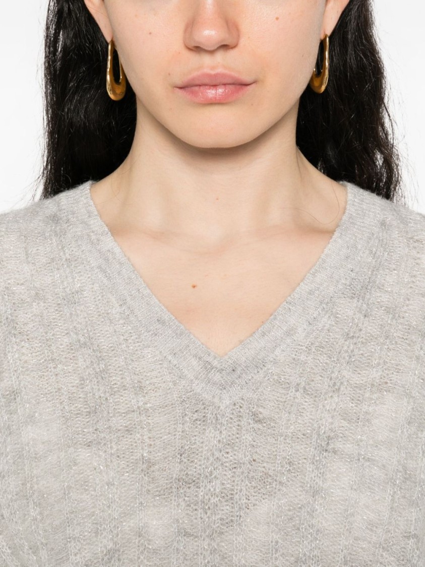 Twinset Twin-set Cropped V-neck Sweater With Balloon Sleeves And Textured Knit In Gray