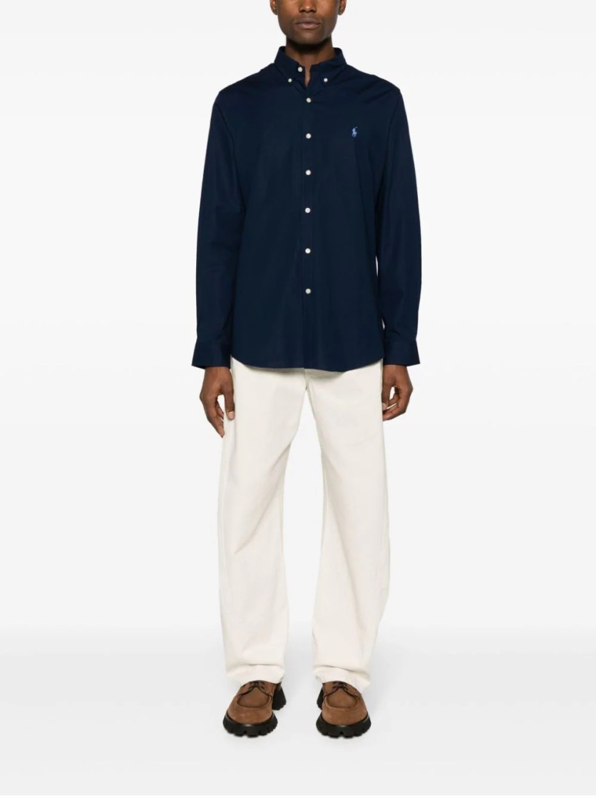 Polo Ralph Lauren Navy Blue Stretch-cotton Button-down Shirt With Signature Motif In Blue
