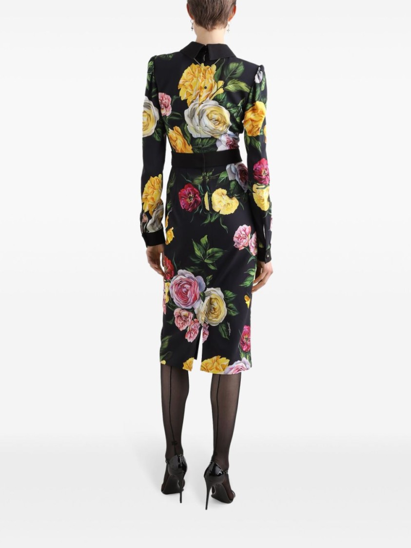 Dolce & Gabbana Multicolor Dress With Classic Collar And All-over Floral Print In Viscose Stretch Woman In Black