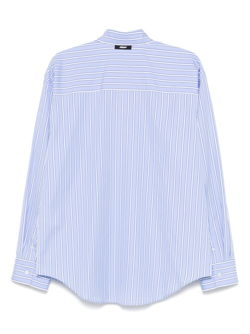 Msgm Logo Cotton T-shirt With Striped Cuffed Sleeves In Blue