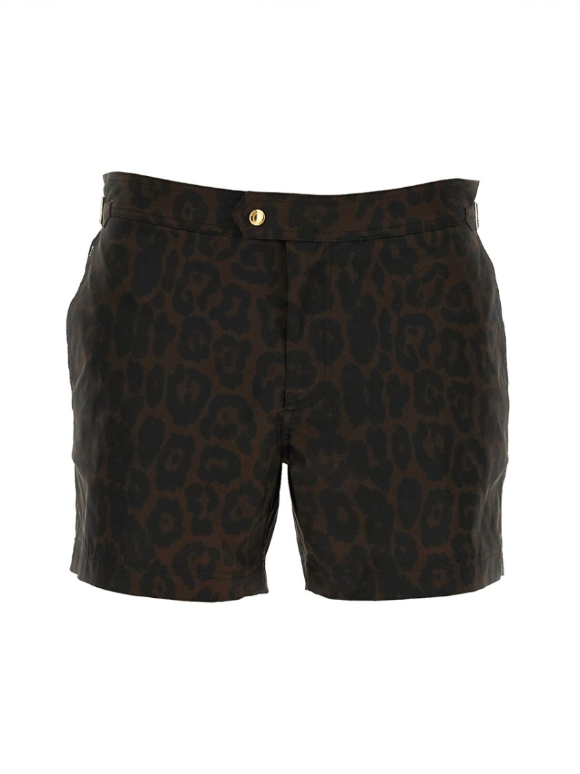 Tom Ford Leopard Print Tailored Swimsuit With Buckle Detail In Brown