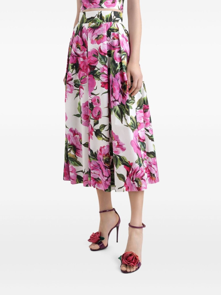 Dolce & Gabbana Pink Circle Midi Skirt With All-over Peony Motif In Multicolor