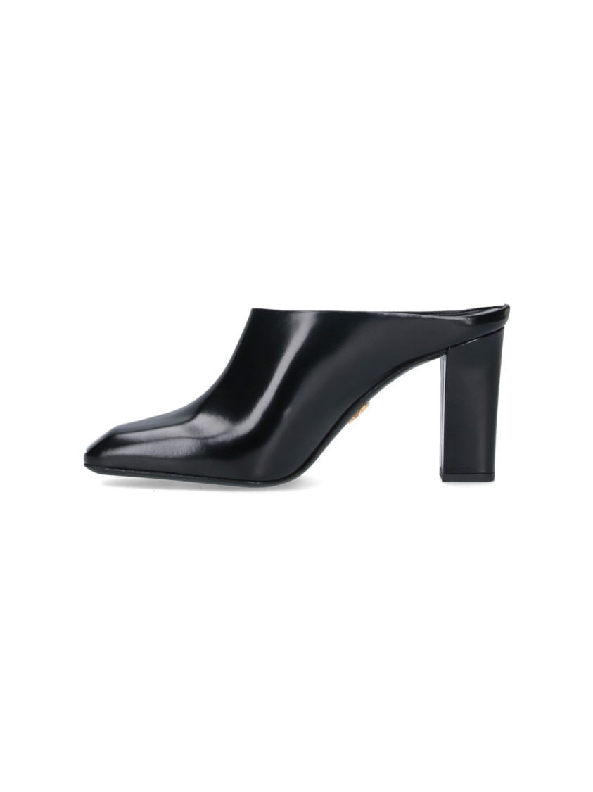 Prada Leather Block Heel Mules With Pointed Toe In Multi