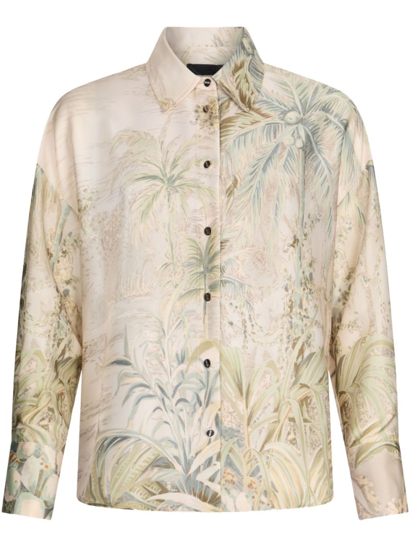 Liu •jo Liu Jo Tropical Print Green Shirt With Classic Collar In Neutrals