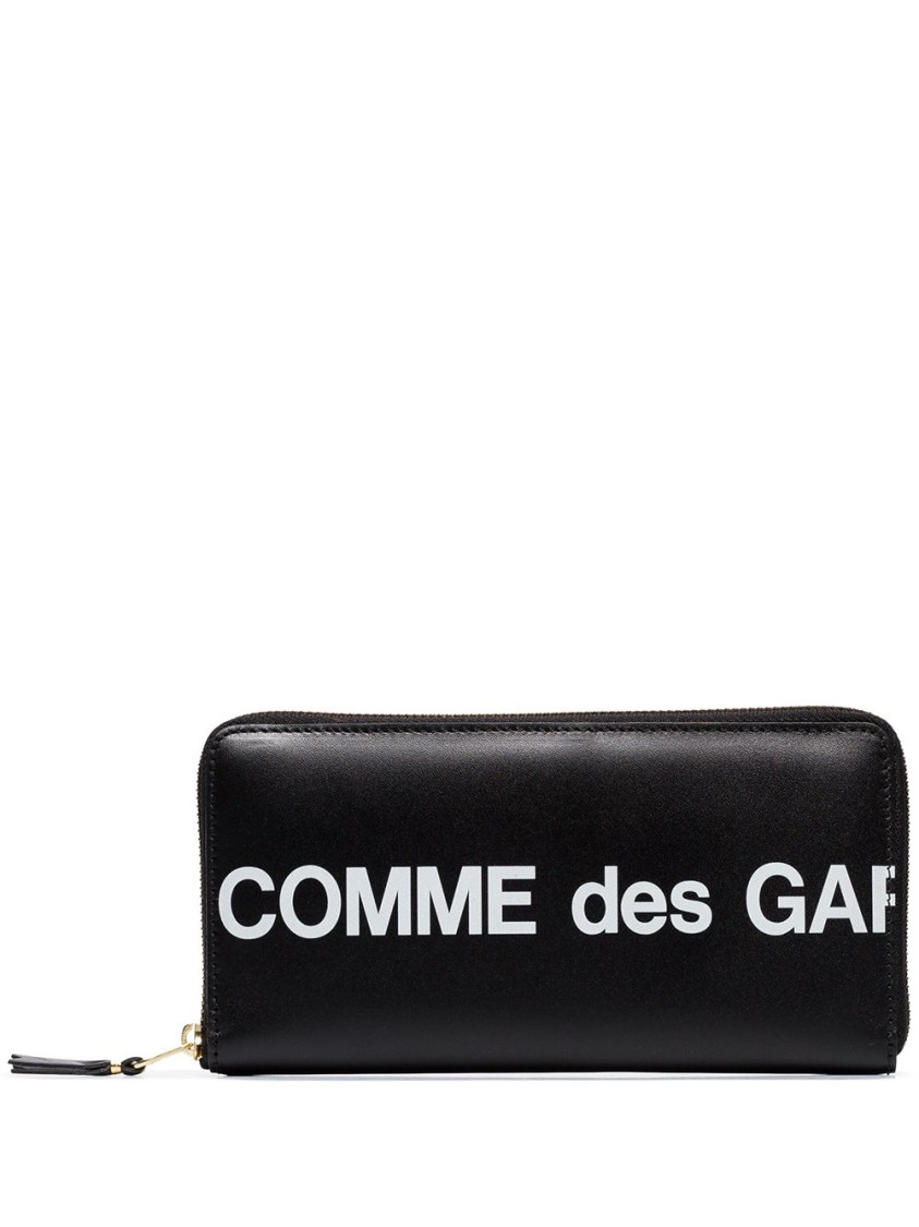 Comme Des Garçons Continental Wallet With Bold Logo Print In Black