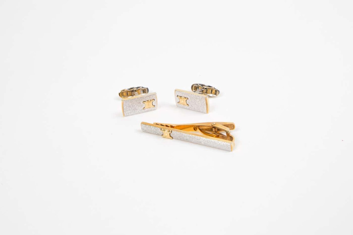 Celine Gold-tone "triomphe" Cufflinks And Tie Link Set In Gold