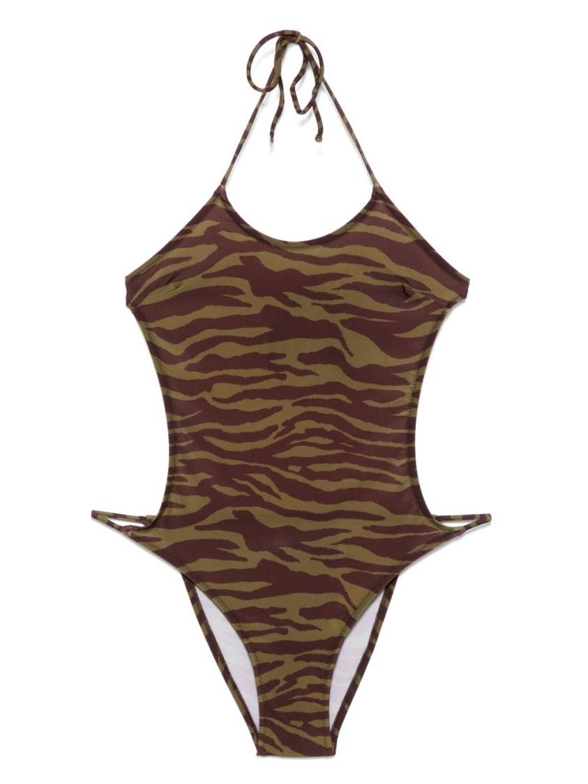 Attico Green Swimsuit With Halterneck With Tie And All-over Print In Tech Fabric Stretch Woman