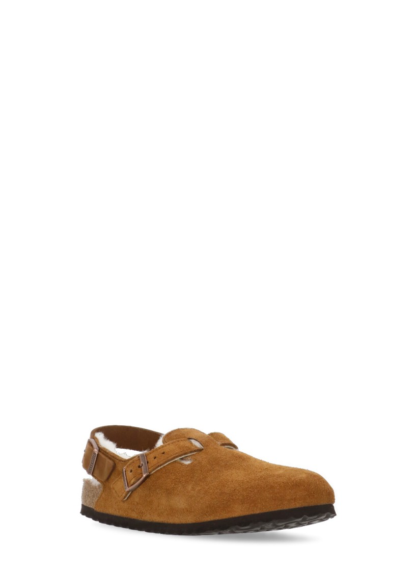 Birkenstock Tokio Shearling Buckled Suede Clogs In Brown