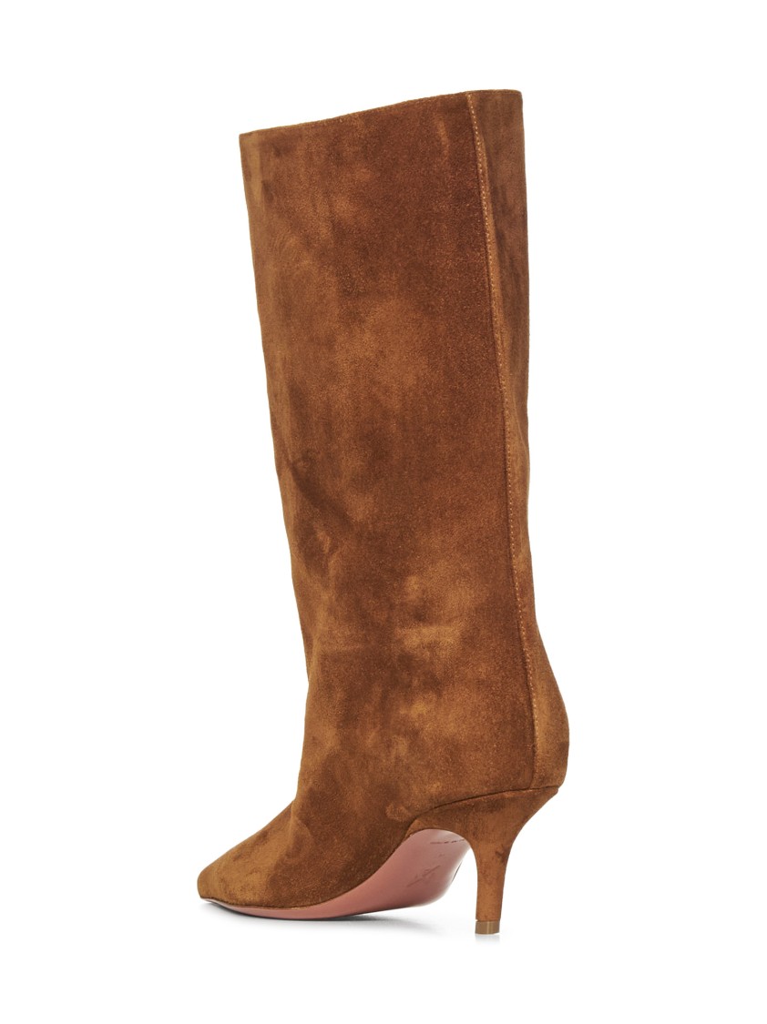 Amina Muaddi 60mm Fiona Suede Pointed-toe Knee-high Boots In Brown