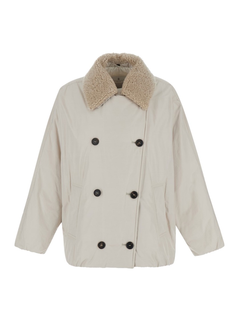 Brunello Cucinelli Beige Double-breasted Jacket With Spread Collar In Tech Fabric Woman In Neutrals