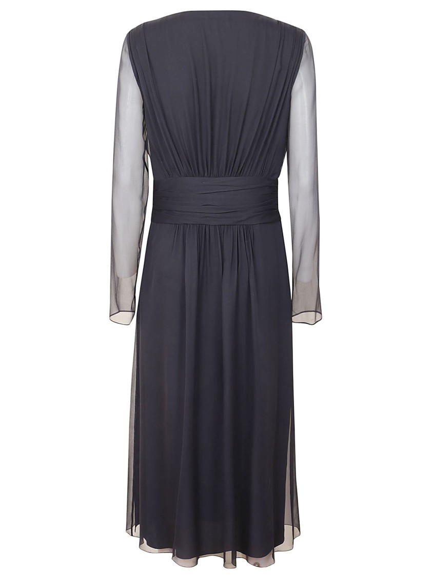 Alberta Ferretti Midi Dress With Deep V-neckline And Sheer Sleeves In Black