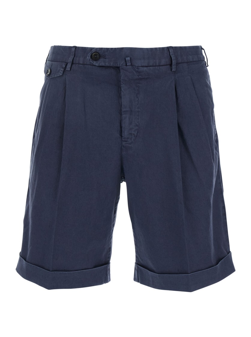 Pt Torino Blue Bermuda With Pence And Side Pocket With Flap In Linen And Cotton Blend Man